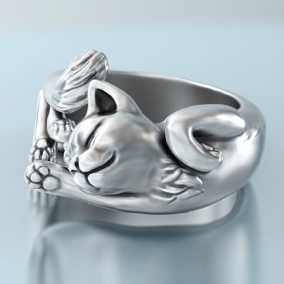 Sleeping Cat Silver tone Adjustable Ring - Picture 4 of 5